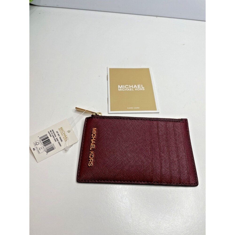 Michael Kors Jet Set Travel Top Zip Card Case Wallet Coin Pouch Dark Cherry